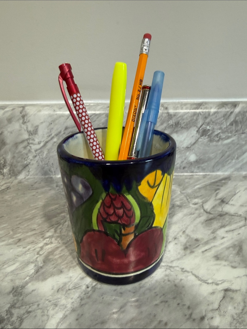 Mexico Hand-Painted Ceramic Fruit Tumbler  Planter Holder with Blue Rim - Picture 8 of 14